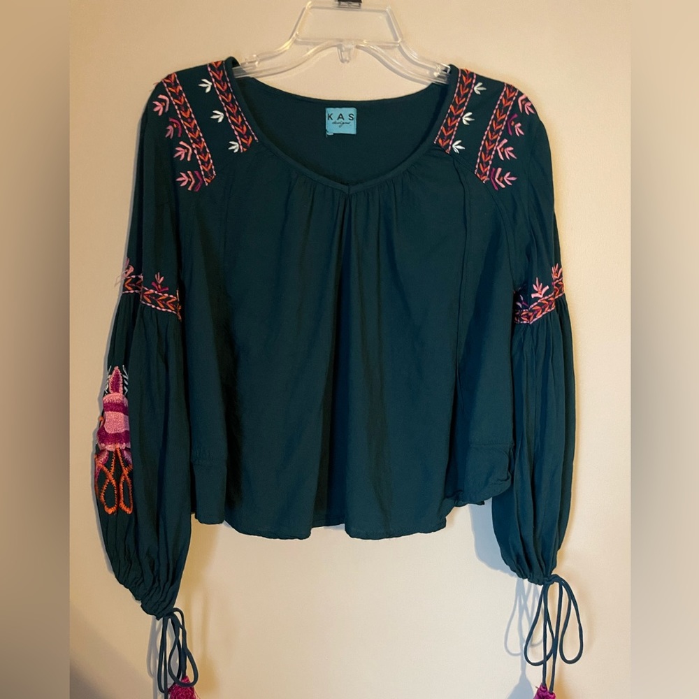 KAS Designs Boho Style Top Green Embroidered Med